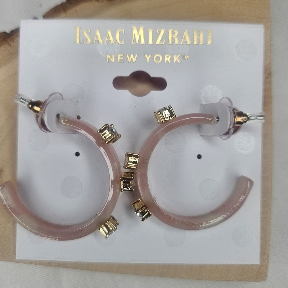Isaac Mizrahi Rhinestone And Pink Cow Print Acrylic Hoop Earrings NWT Retail $40 - Picture 2 of 6